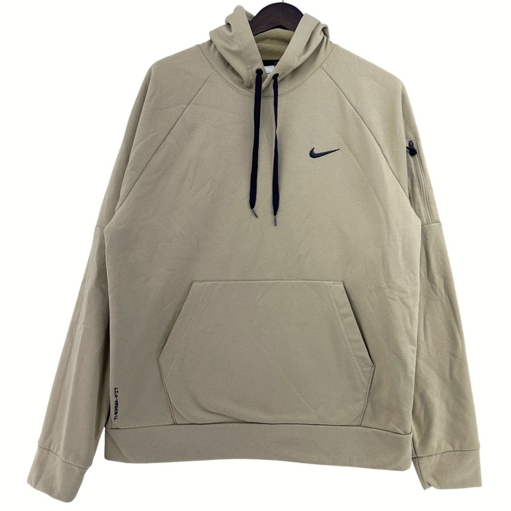 Nike Therma-FIT Pullover Hoodie Sweatshirt Pocket Khaki Tan Mens L Streetwear